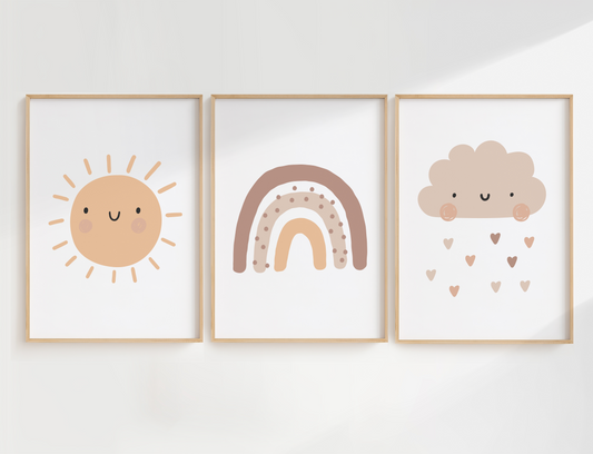 Rainbow, Cloud, and Sun Print Set of 3 - Neutral