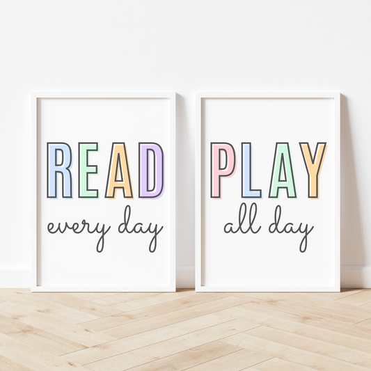 Read Every Day, Play All Day Print Set of 2 - Pastel