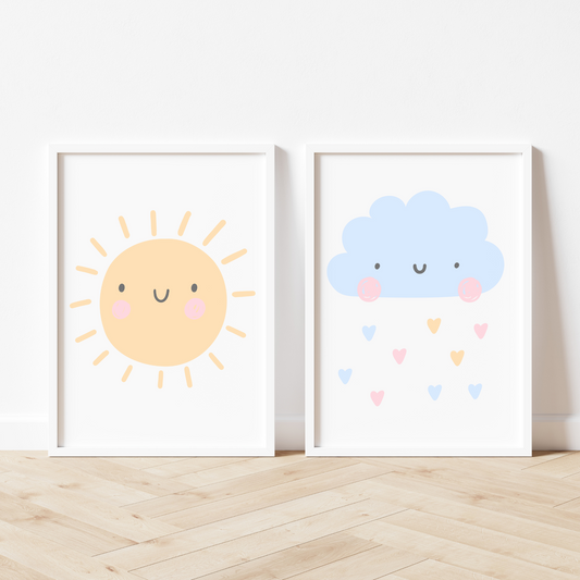 Juego de 2 estampados de sol y nubes - Pastel